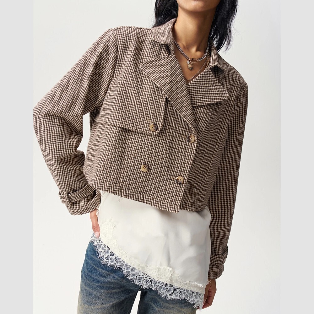 Brown Houndstooth Double Breasted Cropped Trench Jacket